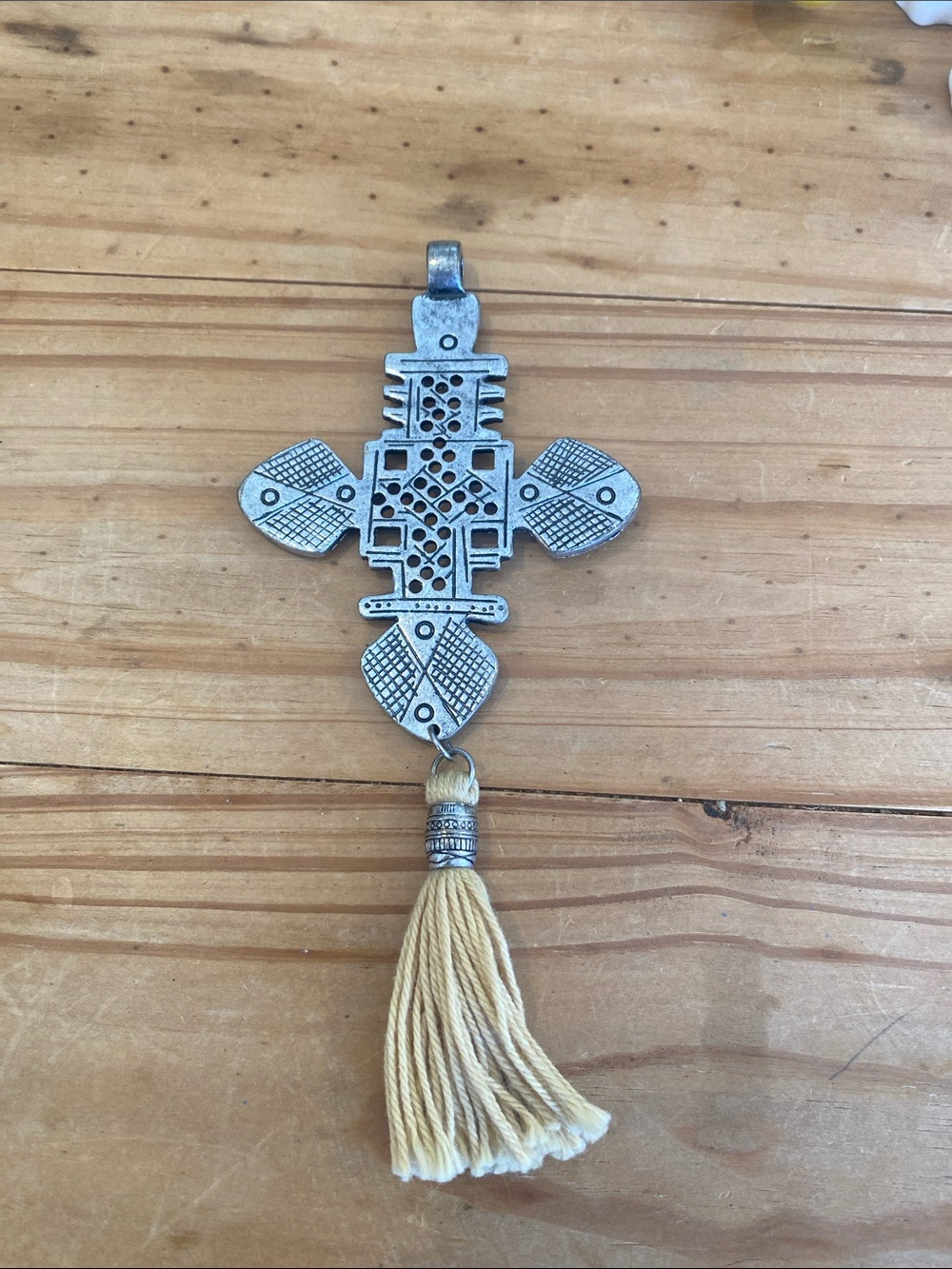 Free People Silver Tribal Cross Pendant with Yellow Tassel